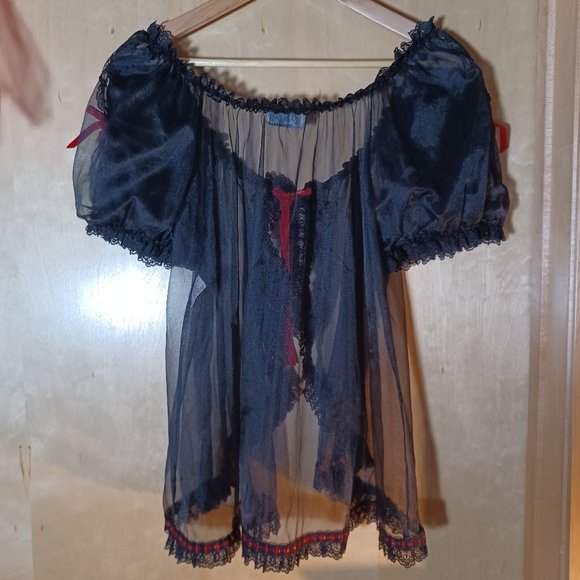 INNER MOST VINTAGE Black Red Ribbon Trim Cap Sleeves Babydoll Robe_Size Medium - Picture 6 of 10